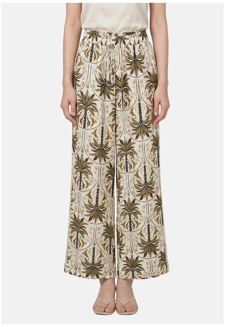 Pantaloni cu croiala ampla si model tropical, Verde