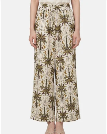 Pantaloni cu croiala ampla si model tropical, Verde