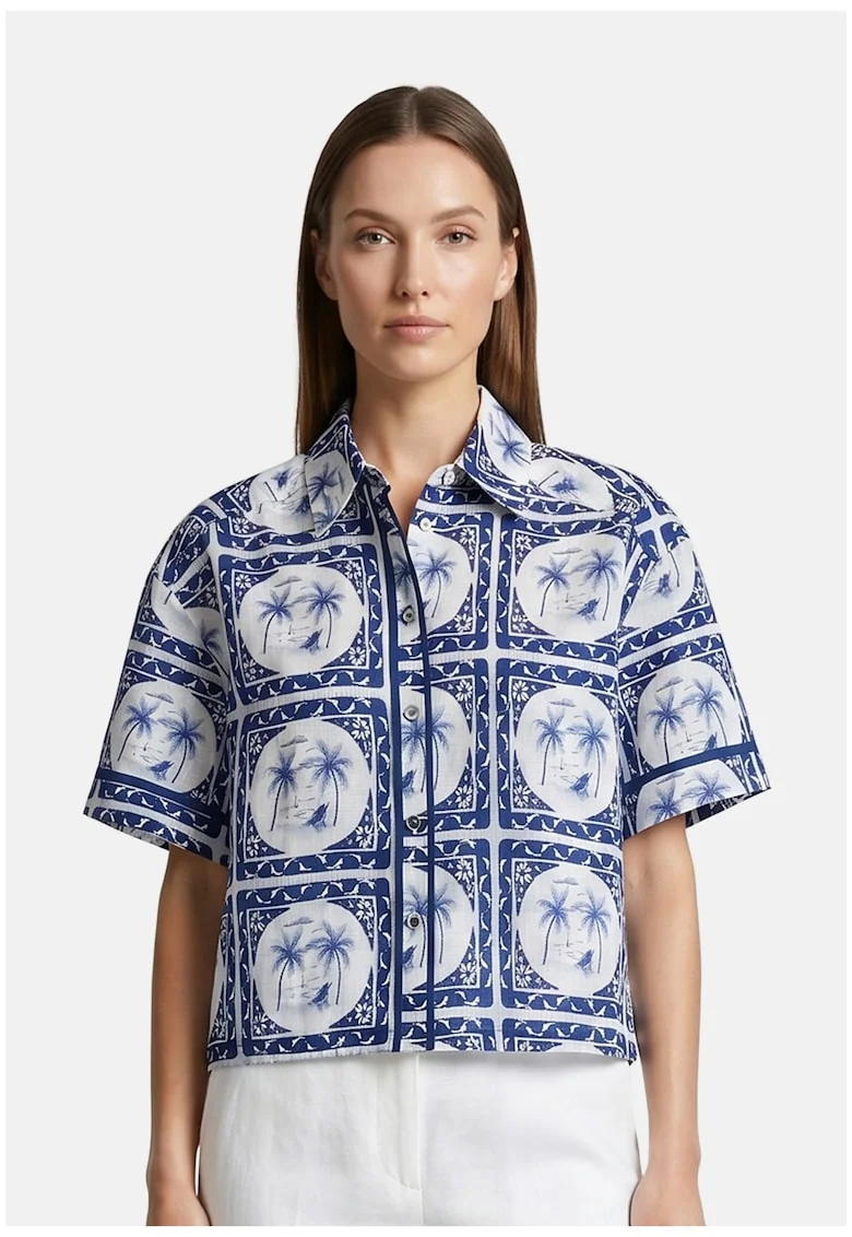 Camasa cu maneci scurte si imprimeu tropical, Bleumarin