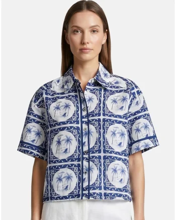 Camasa cu maneci scurte si imprimeu tropical, Bleumarin