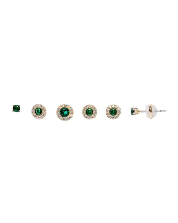 Set de 3 perechi de cercei cu cristale de smarald, Auriu/Verde inchis