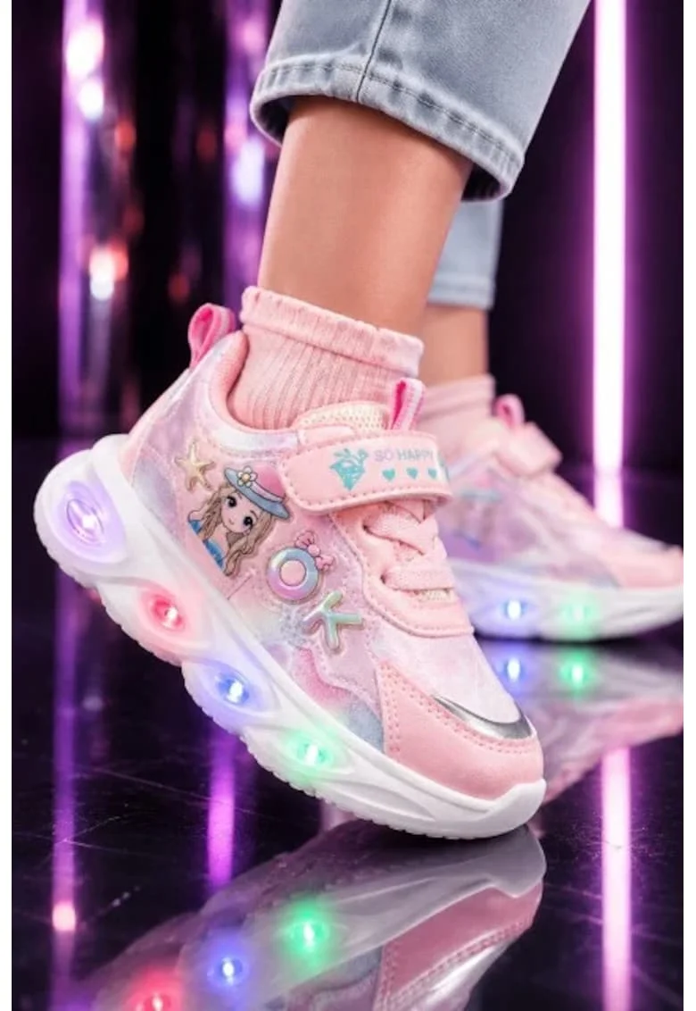 Pantofi sport cu lumini LED, Model Cute Doll, Piele ecologica, Fete, Roz, Roz