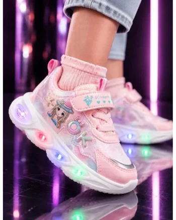 Pantofi sport cu lumini LED, Model Cute Doll, Piele ecologica, Fete, Roz, Roz