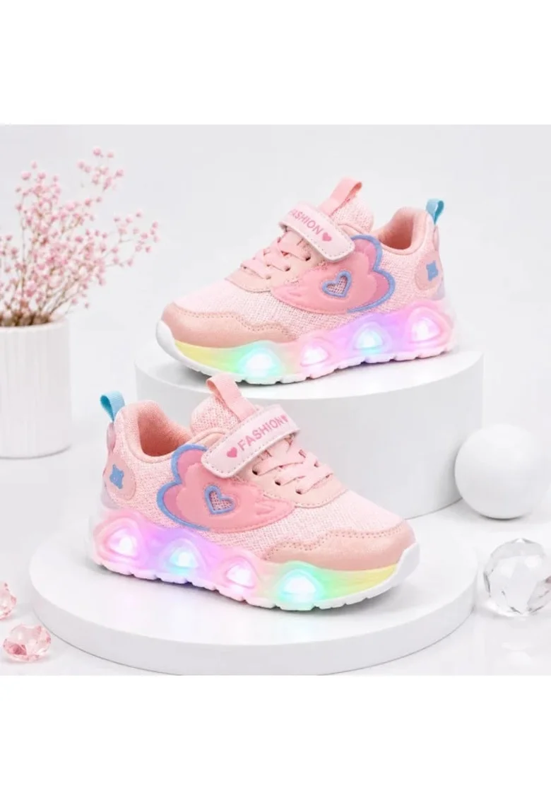 Pantofi sport cu lumini LED, Model Pink Hear, Textil, Fete, Roz, Multicolor