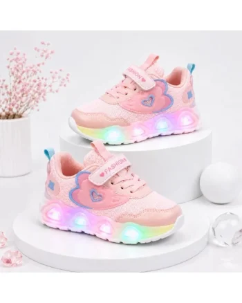 Pantofi sport cu lumini LED, Model Pink Hear, Textil, Fete, Roz, Multicolor