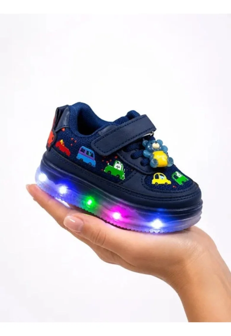 Pantofi sport cu lumini LED, Model Masinute, piele ecologica si textil, Baieti, Bleumarin, Bleumarin