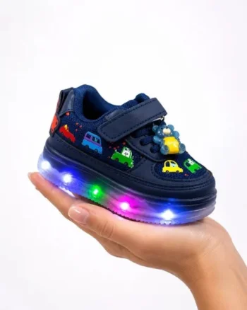 Pantofi sport cu lumini LED, Model Masinute, piele ecologica si textil, Baieti, Bleumarin, Bleumarin