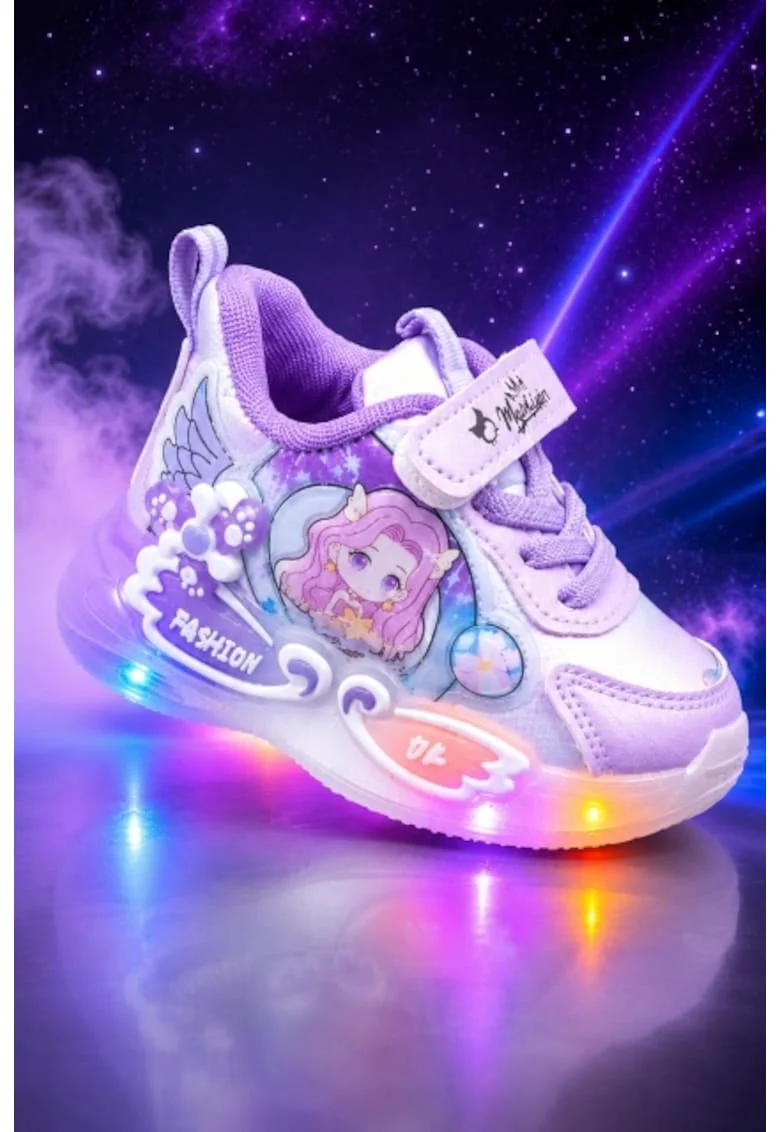 Pantofi cu luminite LED, Model Papusica cu invartitoare, Piele ecologica, Fete, Mov, Mov