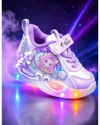 Pantofi cu luminite LED, Model Papusica cu invartitoare, Piele ecologica, Fete, Mov, Mov