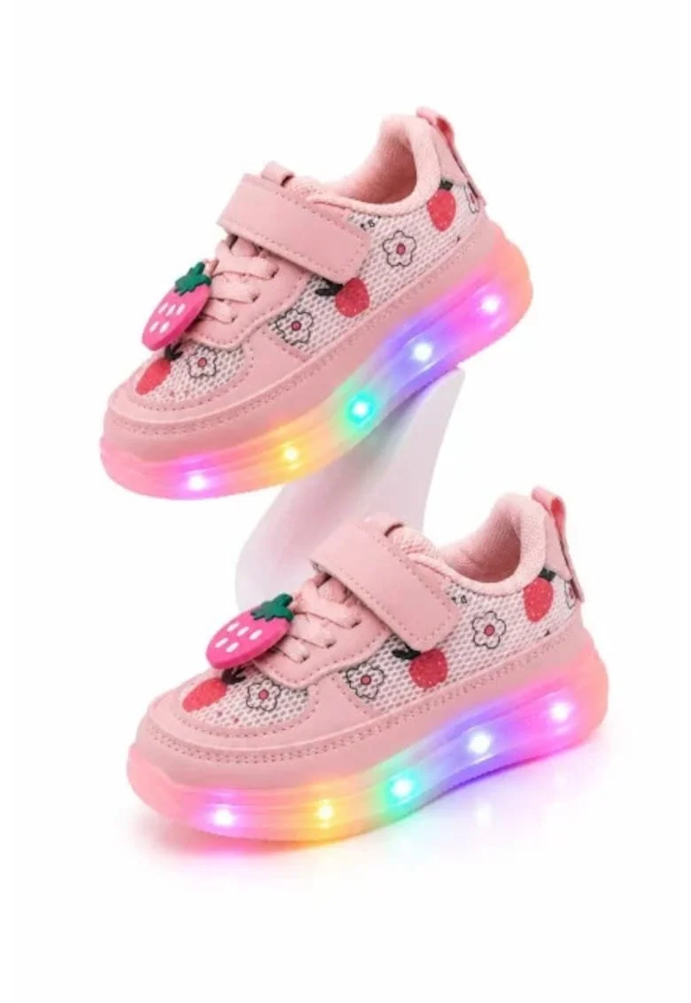 Pantofi sport cu lumini LED, model cu capsuni, Fete, Piele ecologica si textil, roz, Roz