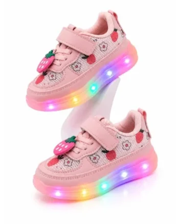 Pantofi sport cu lumini LED, model cu capsuni, Fete, Piele ecologica si textil, roz, Roz