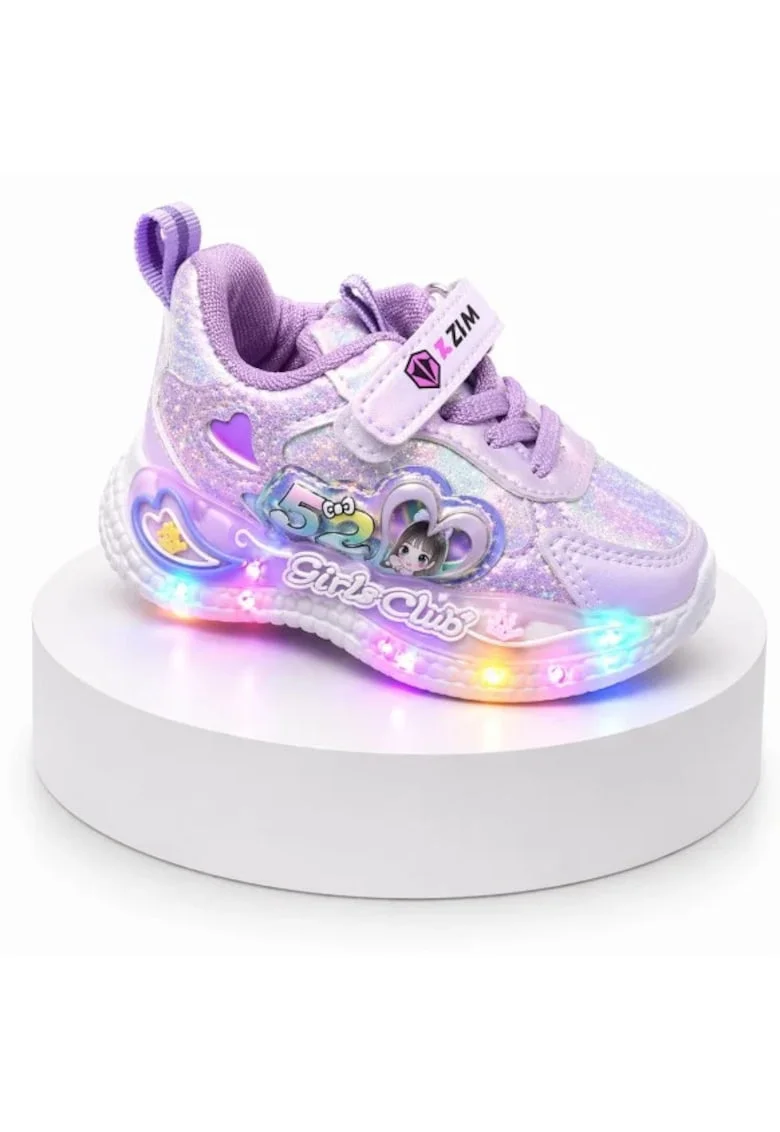 Pantofi sport cu lumini LED, Model Shine, Piele ecologica, Fete, Mov, Mov