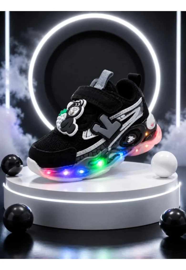 Pantofi sport cu lumini LED, Model accesoriu cu ursulet, Piele ecologica, Negru, Negru