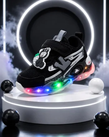 Pantofi sport cu lumini LED, Model accesoriu cu ursulet, Piele ecologica, Negru, Negru