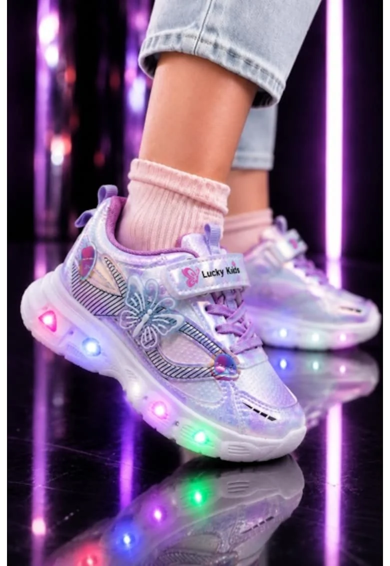 Pantofi sport cu lumini LED, Model Fluture, Piele ecologica, Fete, Mov, Multicolor