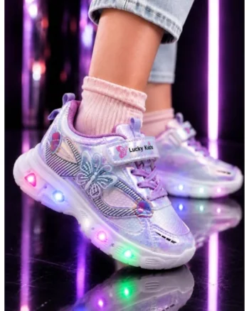 Pantofi sport cu lumini LED, Model Fluture, Piele ecologica, Fete, Mov, Multicolor