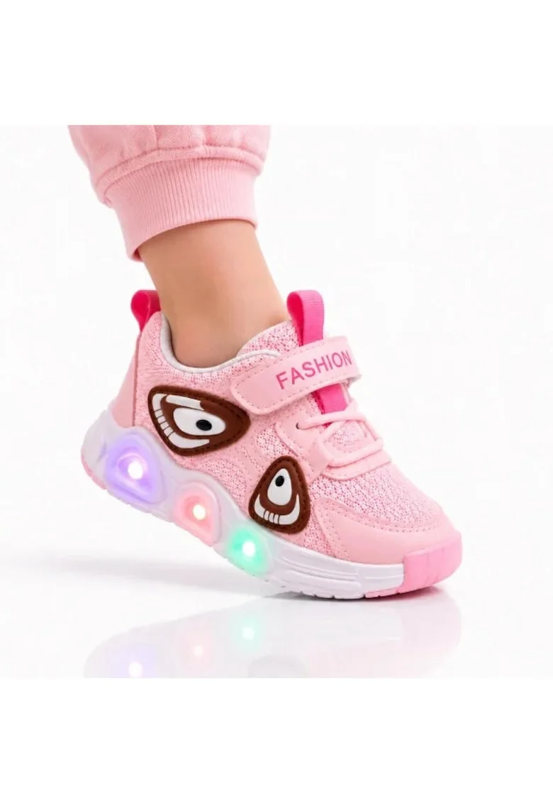 Pantofi sport cu lumini LED, Model Super Panda, Textil, Fete, Roz, Roz
