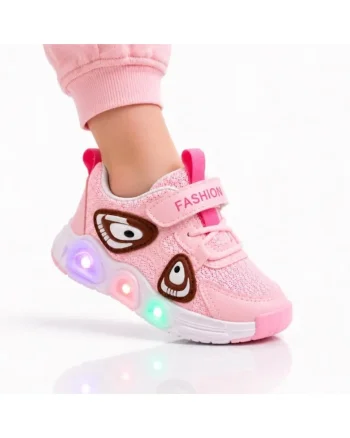 Pantofi sport cu lumini LED, Model Super Panda, Textil, Fete, Roz, Roz