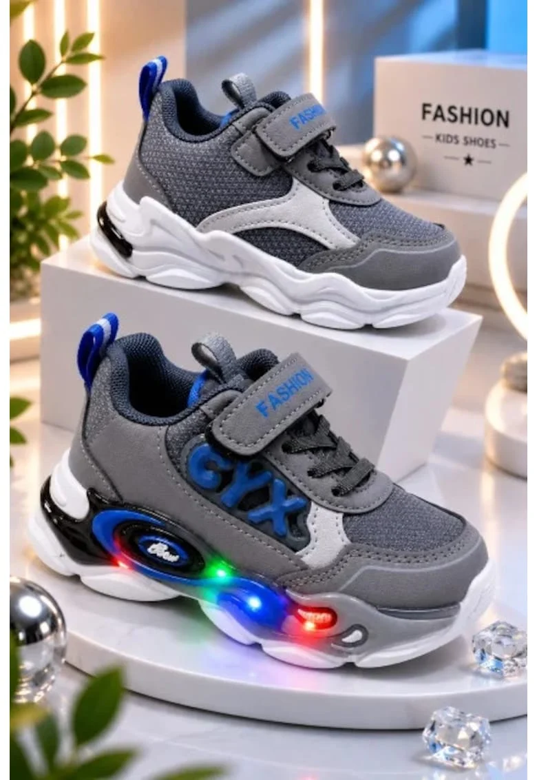 Adidasi cu lumini LED, Model Cyx, Baieti, piele ecologica, gri, Gri