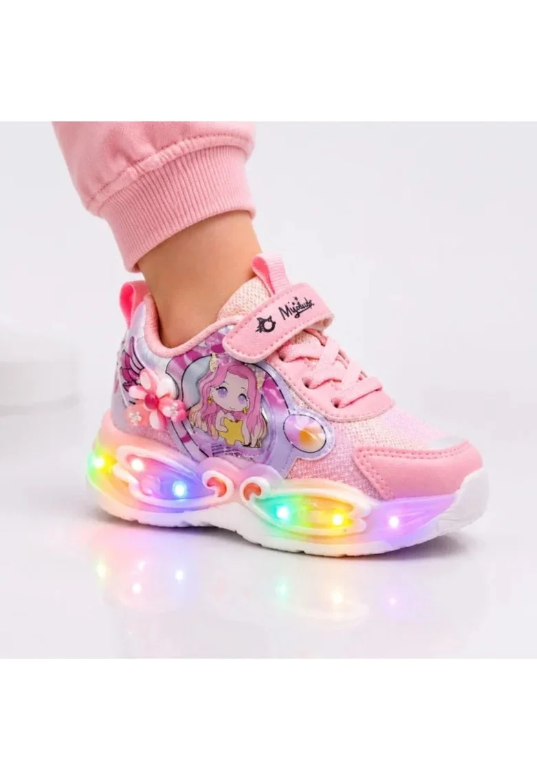 Pantofi sport cu lumini LED, Model Papusica cu invartitoare, Piele ecologica, Fete, Roz, Roz