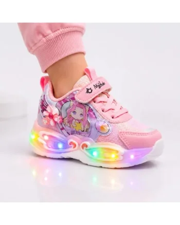 Pantofi sport cu lumini LED, Model Papusica cu invartitoare, Piele ecologica, Fete, Roz, Roz