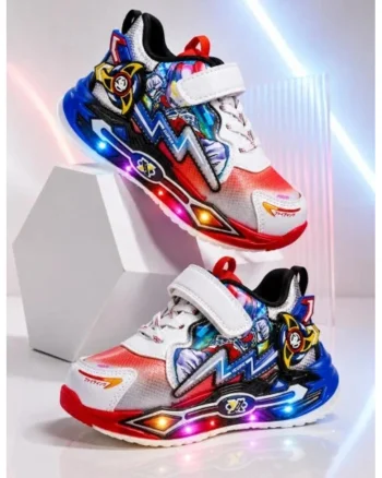 Adidasi cu lumini LED, Model Super Erou, Baieti, Piele ecologica, cu elemente 3D, Multicolori, Multicolor