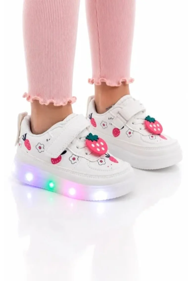 Pantofi sport cu lumini LED, Model Capsunele, Piele ecologica, fete, alb, Multicolor