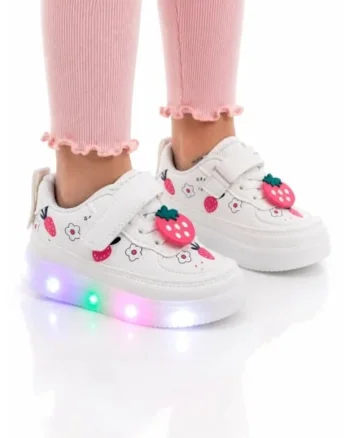 Pantofi sport cu lumini LED, Model Capsunele, Piele ecologica, fete, alb, Multicolor
