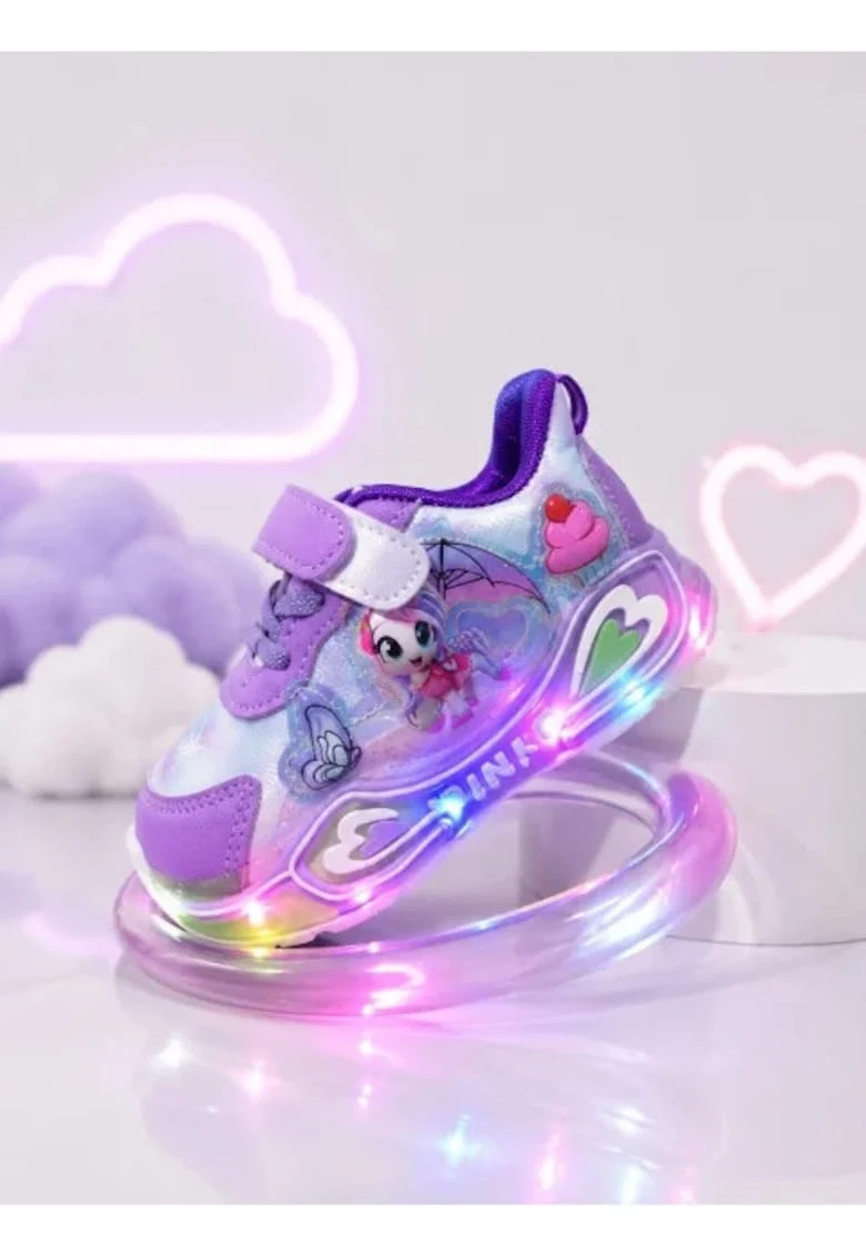 Adidasi cu lumini LED, Model Ponei, piele ecologica, fete, mov, Mov