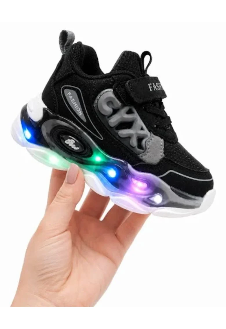 Adidasi cu lumini Led, Model Cyx, Baieti, Piele ecologica, Negru, Negru