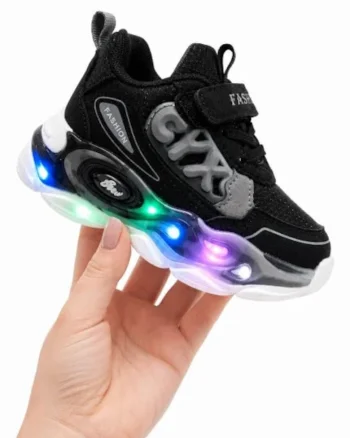 Adidasi cu lumini Led, Model Cyx, Baieti, Piele ecologica, Negru, Negru
