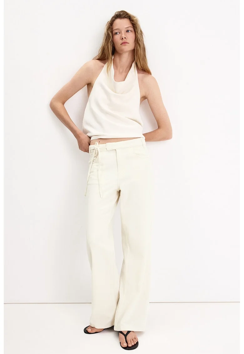 Pantaloni din amestec de in cu talie joasa, Crem
