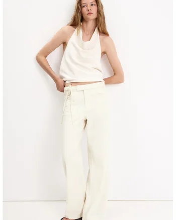 Pantaloni din amestec de in cu talie joasa, Crem