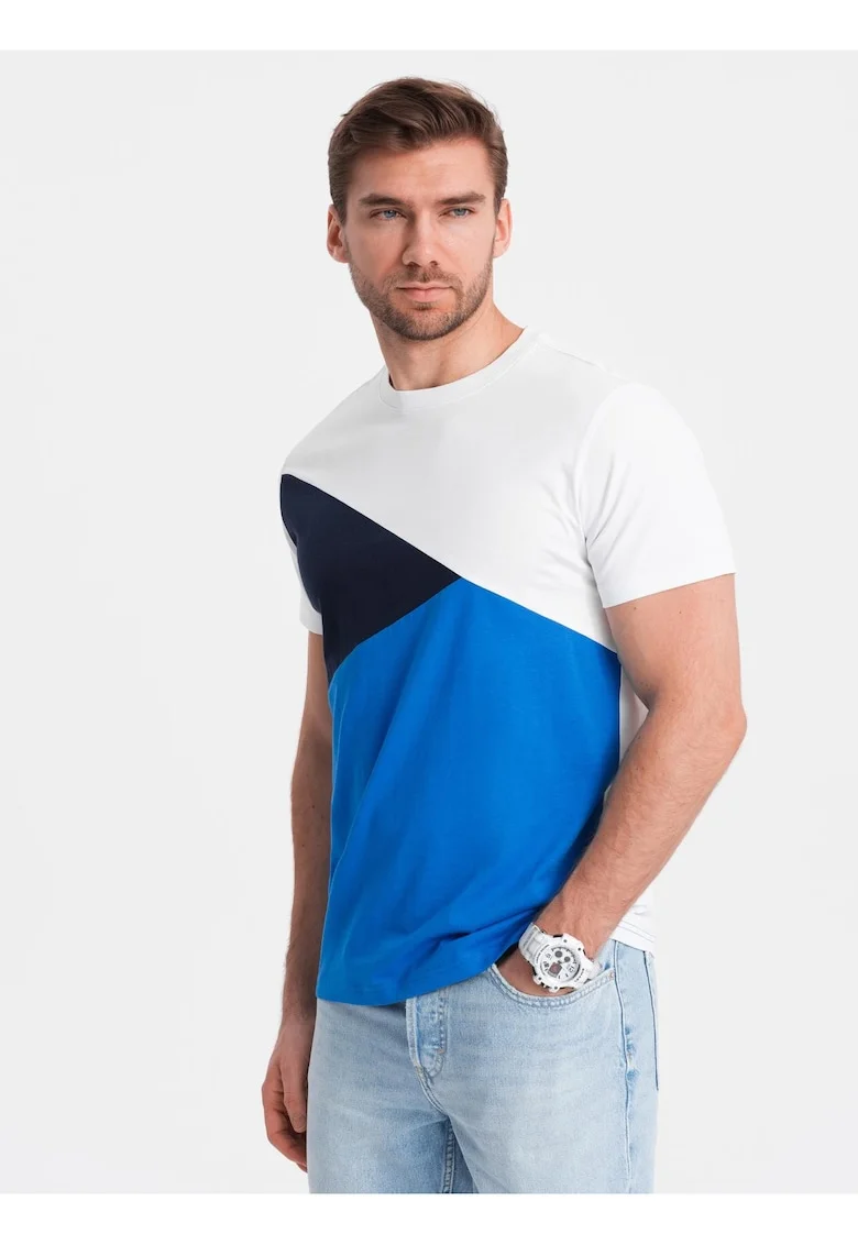 Tricou barbati cu design geometric din bumbac single jersey, croiala regular, Alb/Albastru/Bleumarin