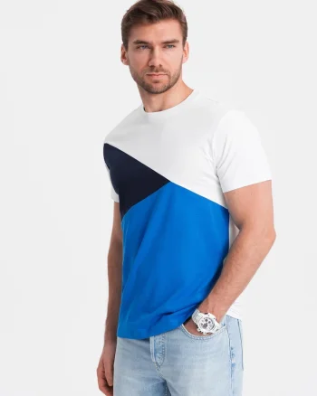 Tricou barbati cu design geometric din bumbac single jersey, croiala regular, Alb/Albastru/Bleumarin
