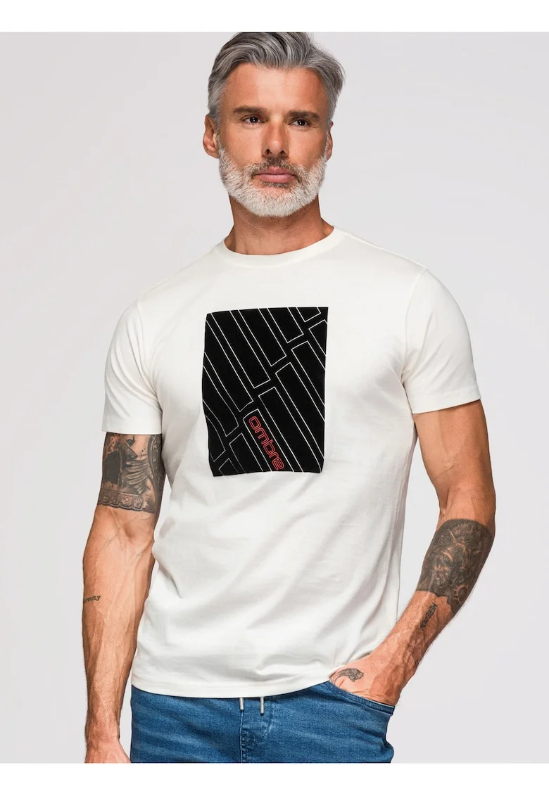 tricou barbati cu imprimeu geometric din bumbac si croiala regular fit, Alb/Negru