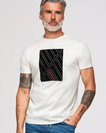 tricou barbati cu imprimeu geometric din bumbac si croiala regular fit, Alb/Negru