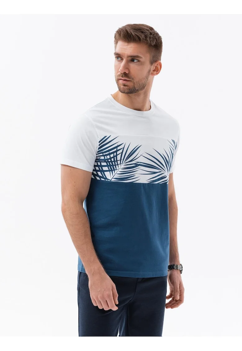 Tricou barbati cu imprimeu palme, bumbac moale, croiala regular, Alb/Albastru