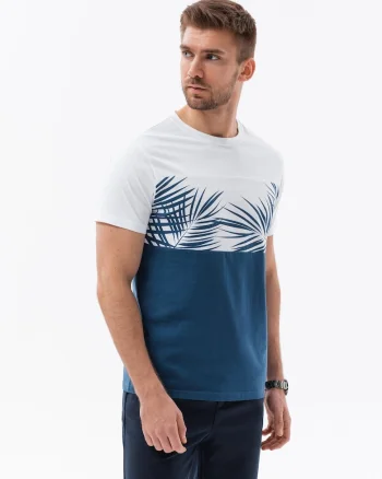 Tricou barbati cu imprimeu palme, bumbac moale, croiala regular, Alb/Albastru