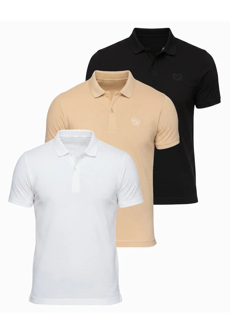 Tricou polo cu detalii de broderie si material piqué, Alb/Negru/Bej