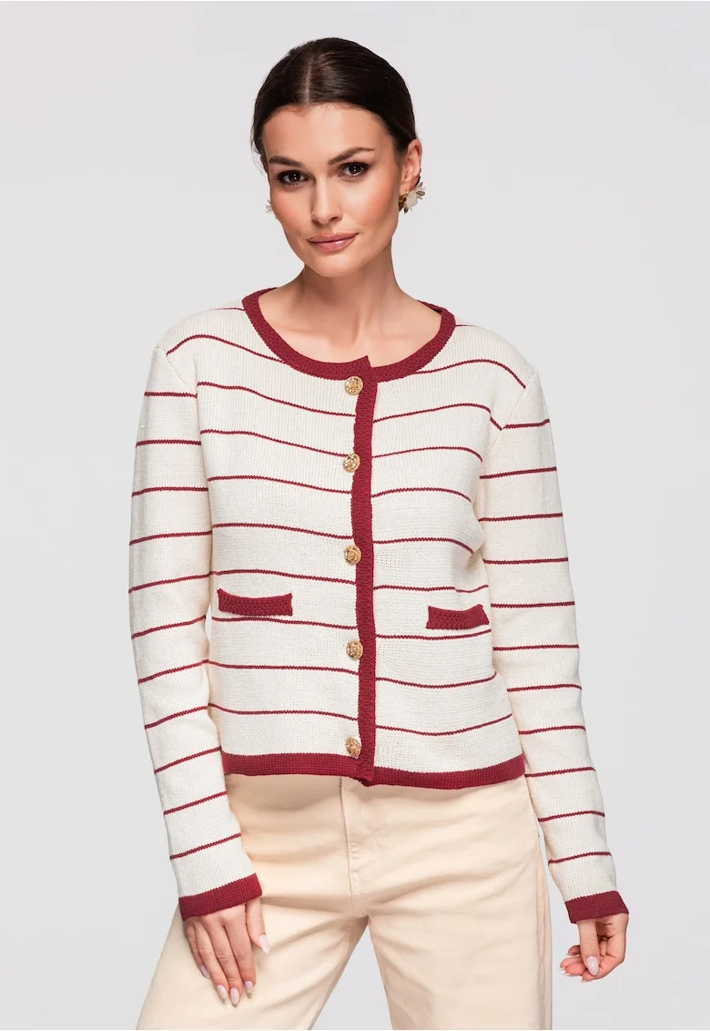 Cardigan din bumbac si acril  OW-SWCD-0101, Visiniu/Bej