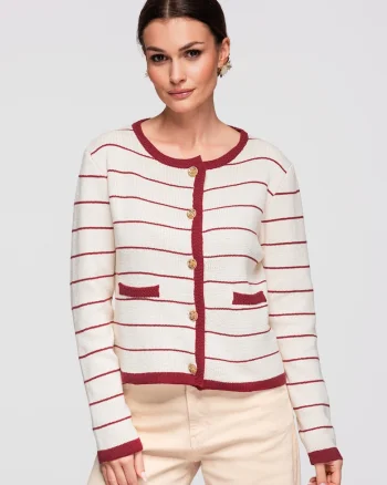Cardigan din bumbac si acril  OW-SWCD-0101, Visiniu/Bej
