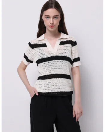Pulover cu maneci scurte si decolteu in V, Alb fildes/Negru