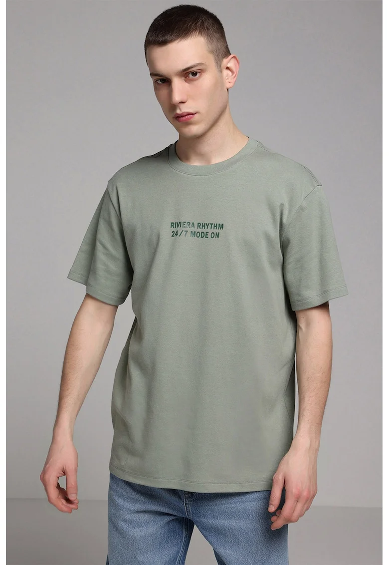 Tricou cu decolteu la baza gatului si imprimeu text, Verde englez/Verde sparanghel