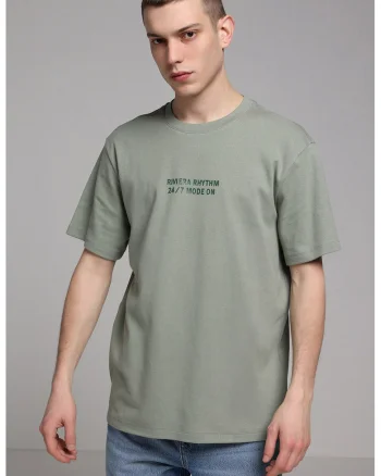 Tricou cu decolteu la baza gatului si imprimeu text, Verde englez/Verde sparanghel