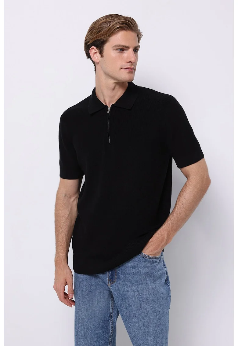 Pulover regular fit cu maneci scurte, Negru
