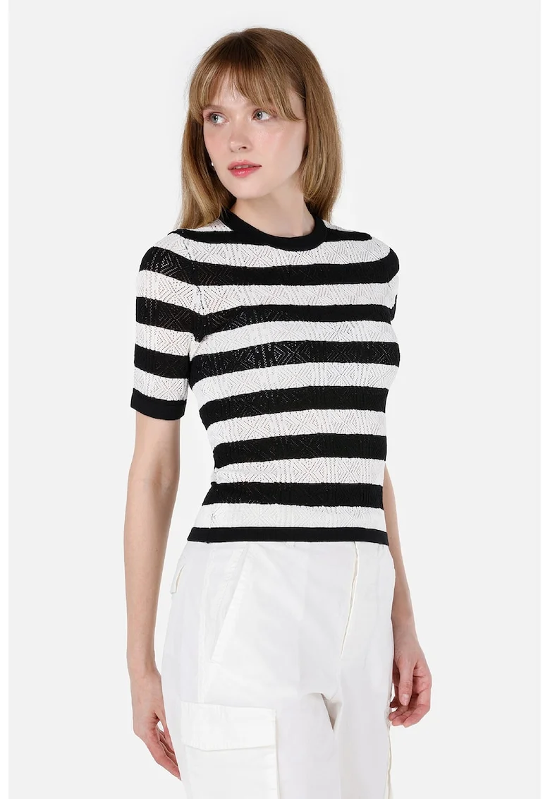 Pulover cu maneci scurte si aspect cu perforatii, Negru stins/Alb murdar