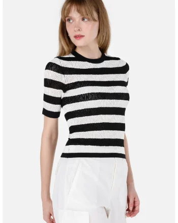 Pulover cu maneci scurte si aspect cu perforatii, Negru stins/Alb murdar