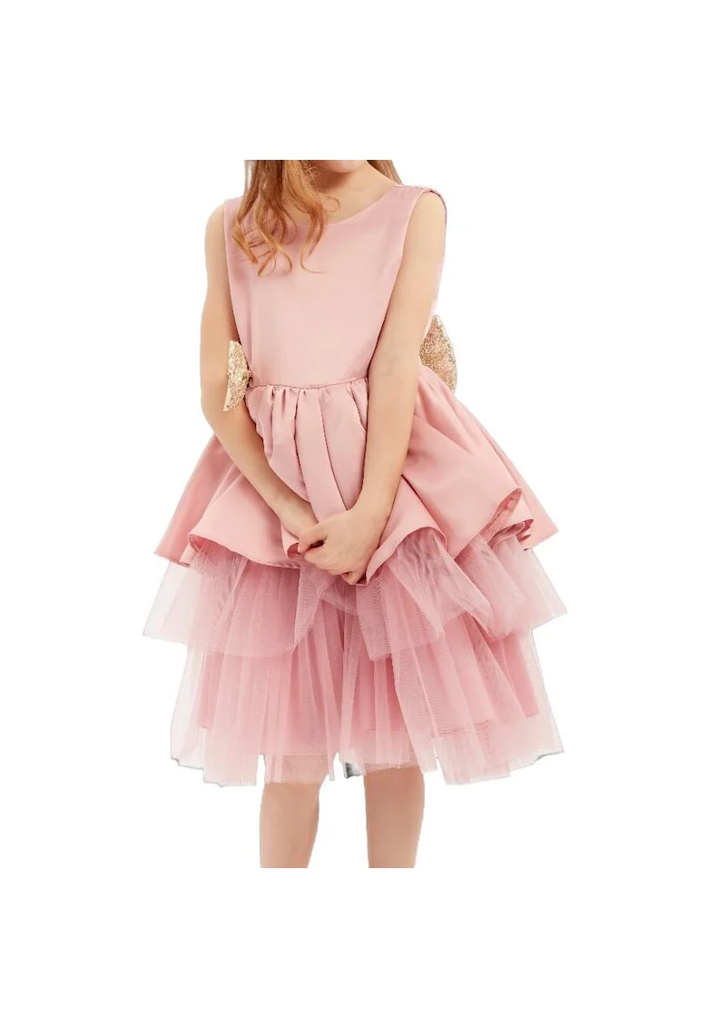 Rochie Eleganta de Fetiță Roz Pudră cu Fundă și Tulle – Ideală pentru Evenimente Speciale: Nuntă, Comunione, Bal sau Aniversare