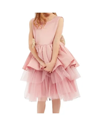Rochie Eleganta de Fetiță Roz Pudră cu Fundă și Tulle – Ideală pentru Evenimente Speciale: Nuntă, Comunione, Bal sau Aniversare